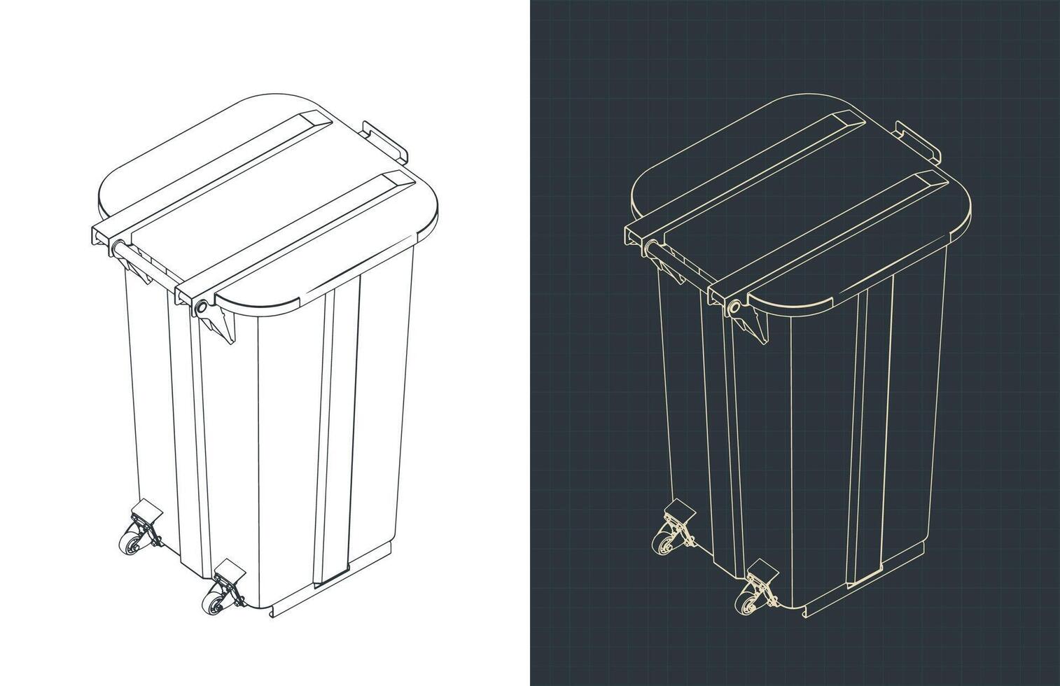 Two-wheeled trash can isometric blueprints vector
