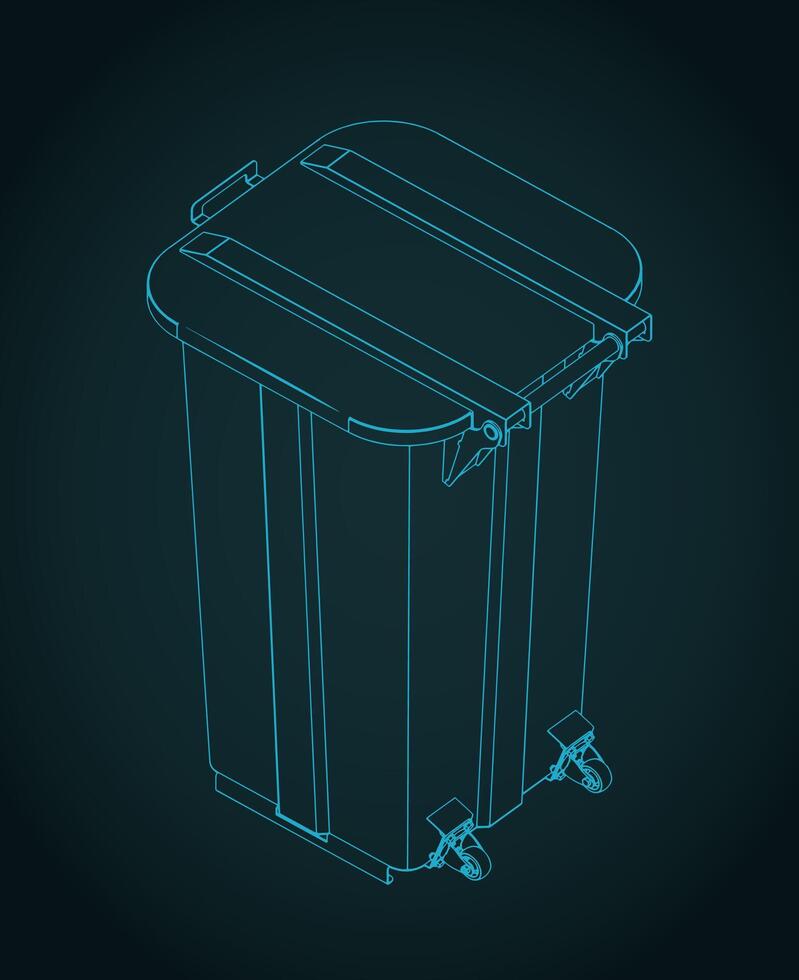 Two-wheeled trash can isometric blueprint vector