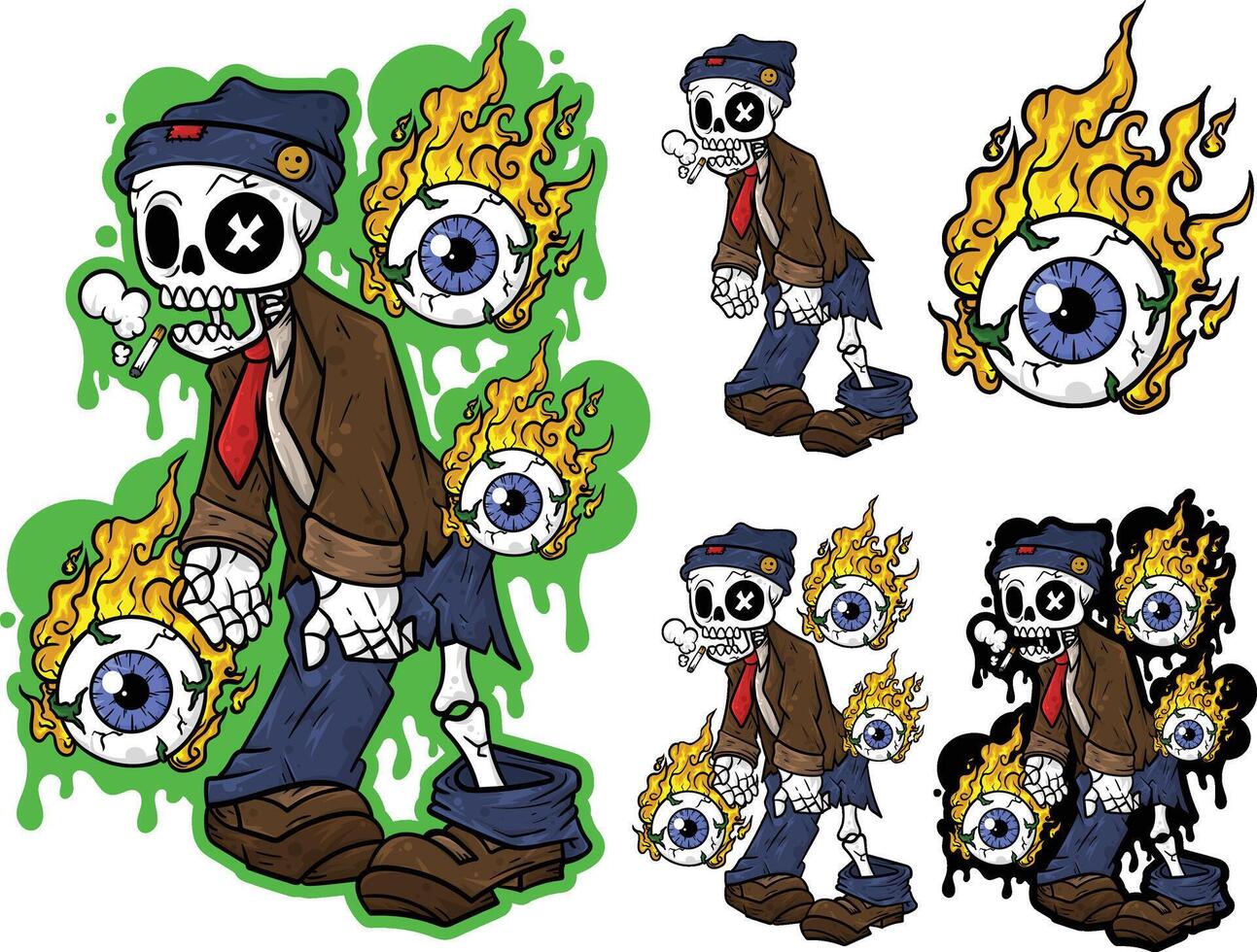 Cartoon illustration of zombies in the form of skulls and fireballs vector