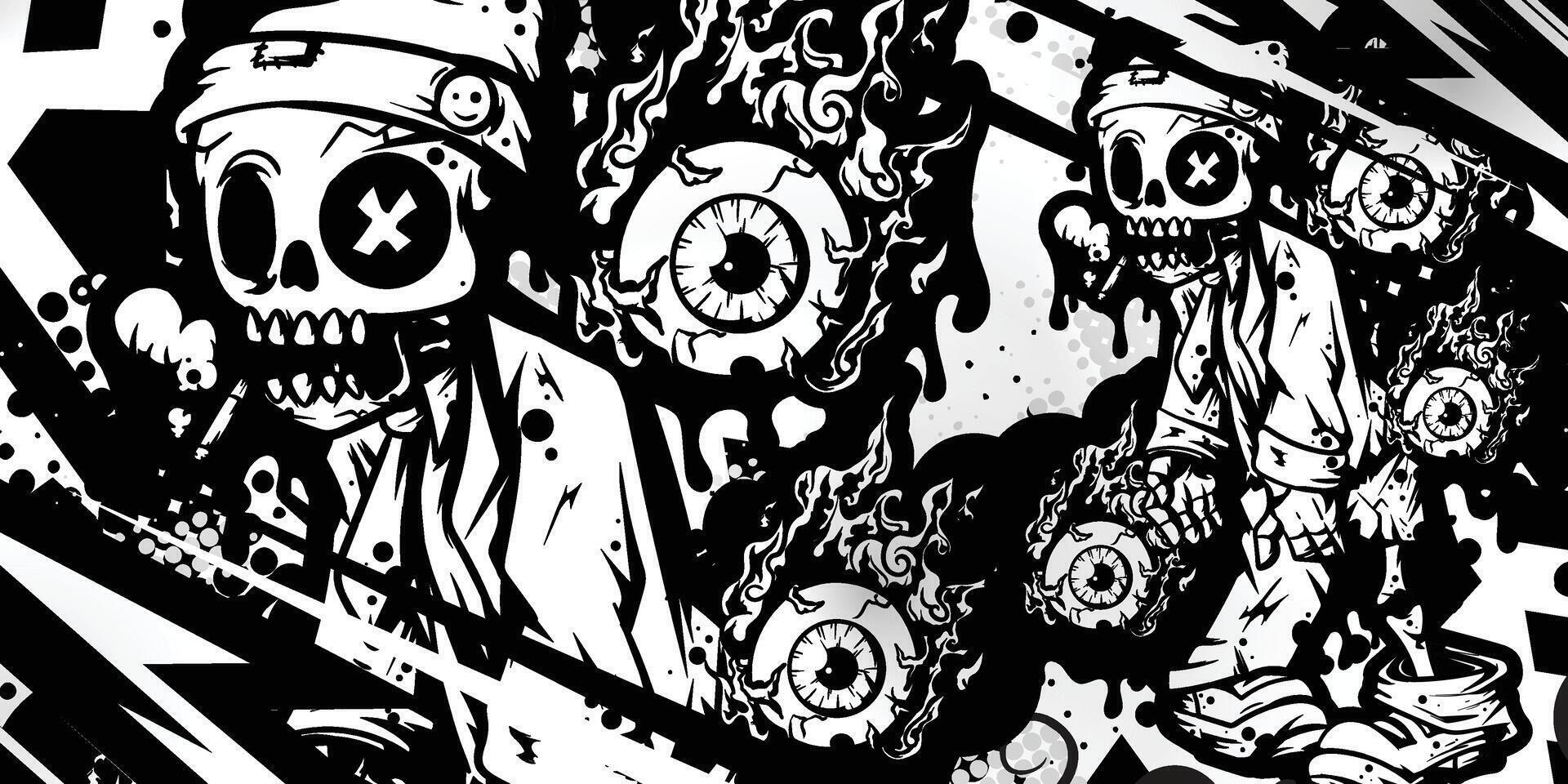 Black and white abstract background with Zombie objects and fire eyes vector