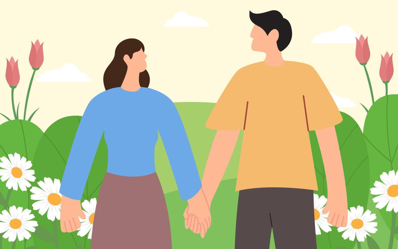 Spring Graphic Illustration with Couple. Spring with beautiful flowers vector