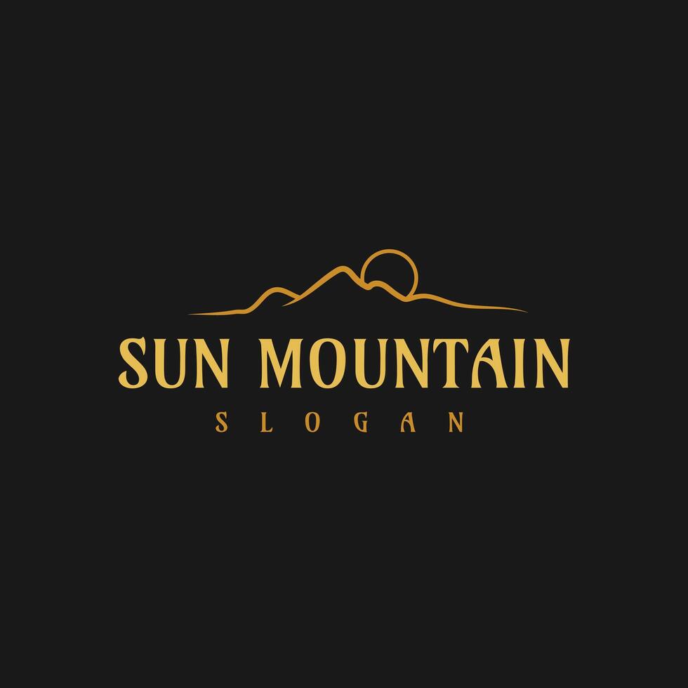 Mountain and Sun Circle Simple Unique Line Design Style with Premium Black Striped Background vector
