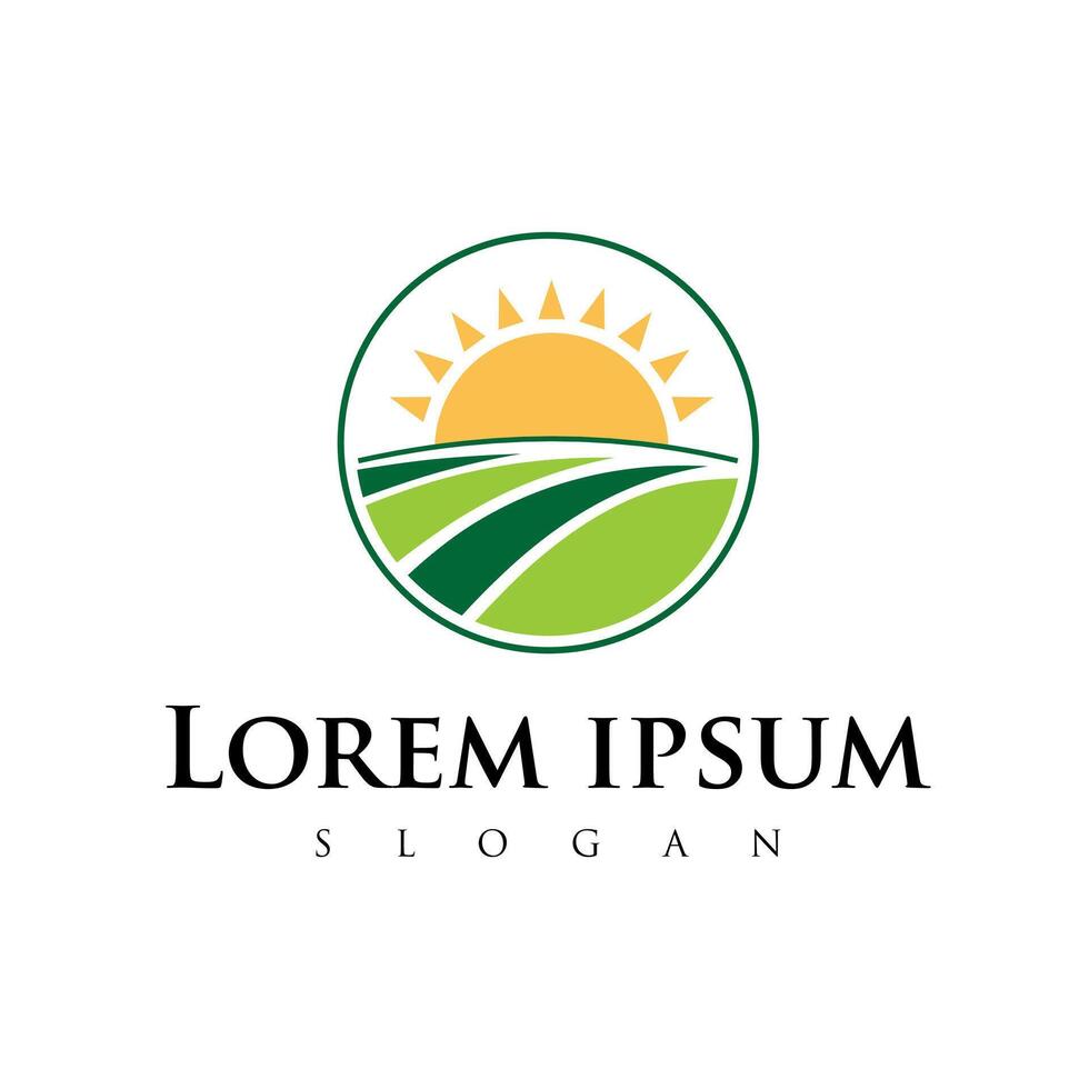 Sunrise over Green Farm Field Circle Shape Logo Design For Farming vector