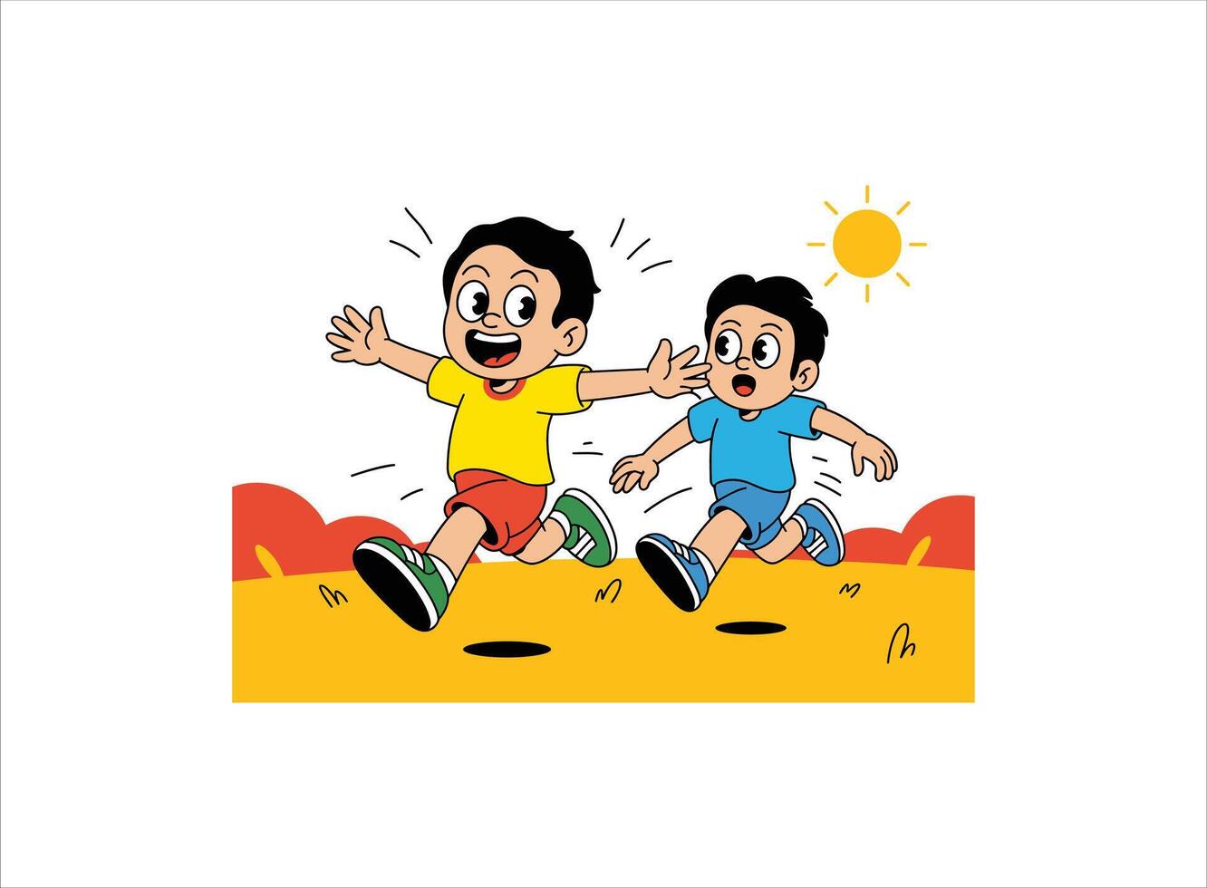 Boys Running in Landscape Silhouette Art vector