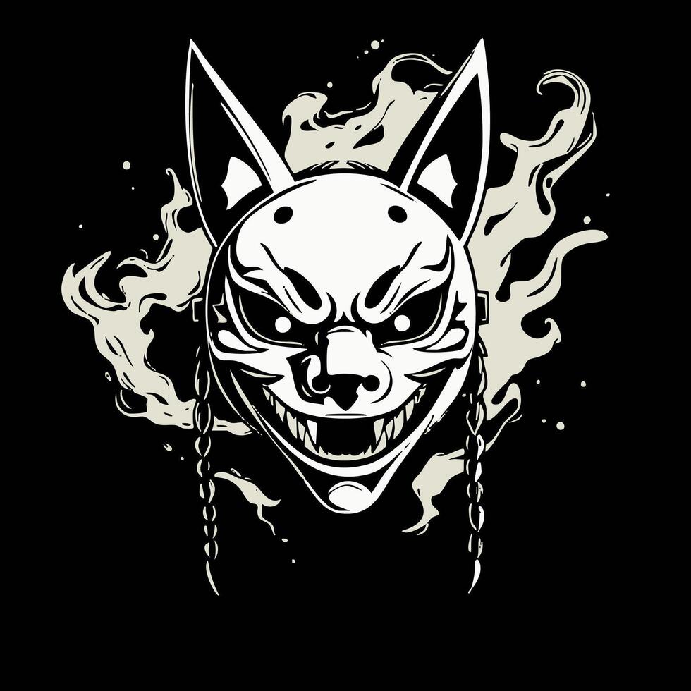 Kitsune Mask Face floating with smoke trails, dots and fine ink vector