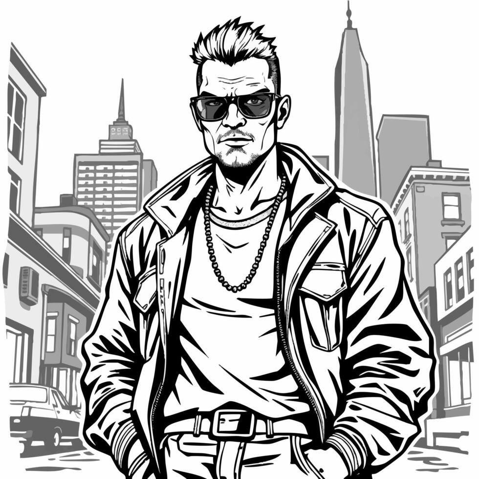 illustration of a man in sunglasses and jacket in the city vector