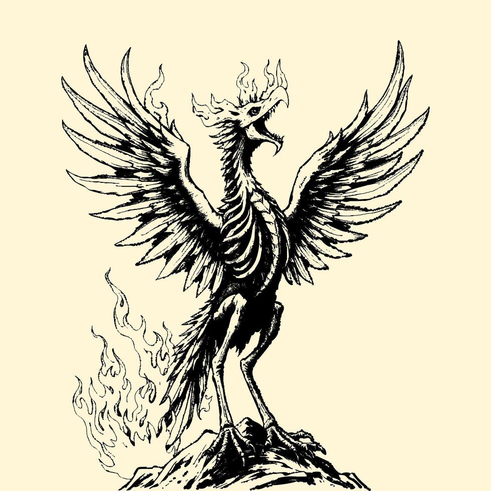 Grim Phoenix black rising in skeletal form, burning ash strokes vector