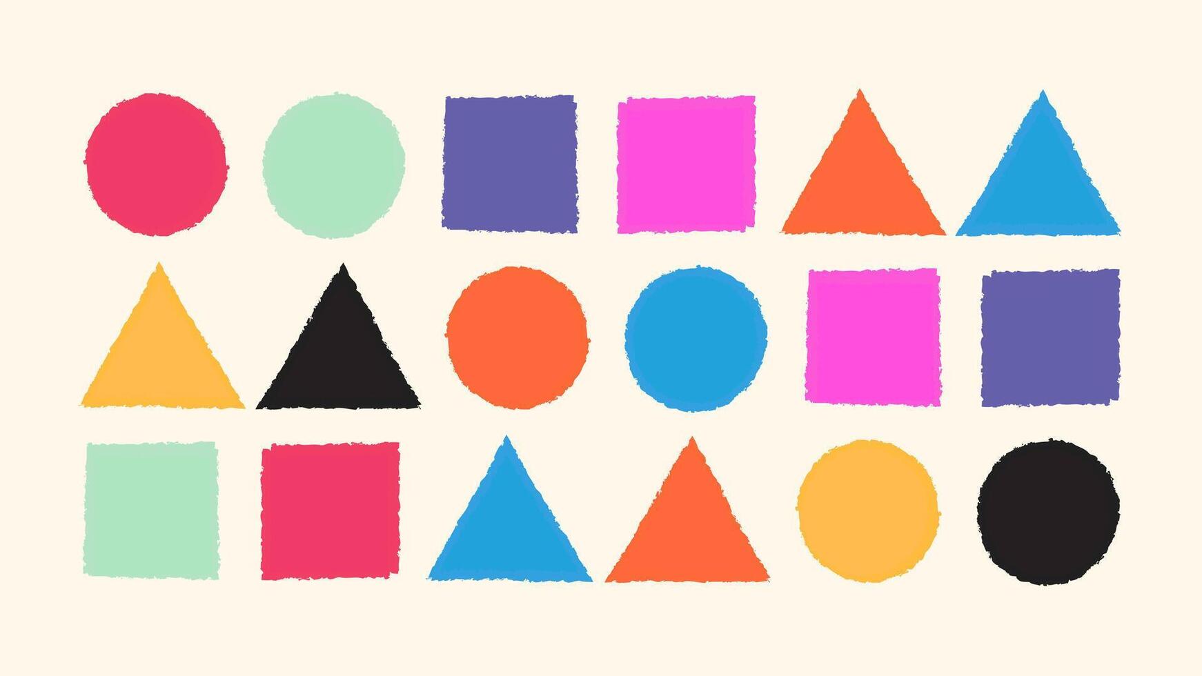 Triangle, circle and square stamp frames. Hand painted brush shapes with rough texture. Grunge style geometric border set. artwork vector