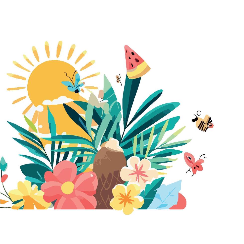 Tropical flowers and plants with sun and bees vector