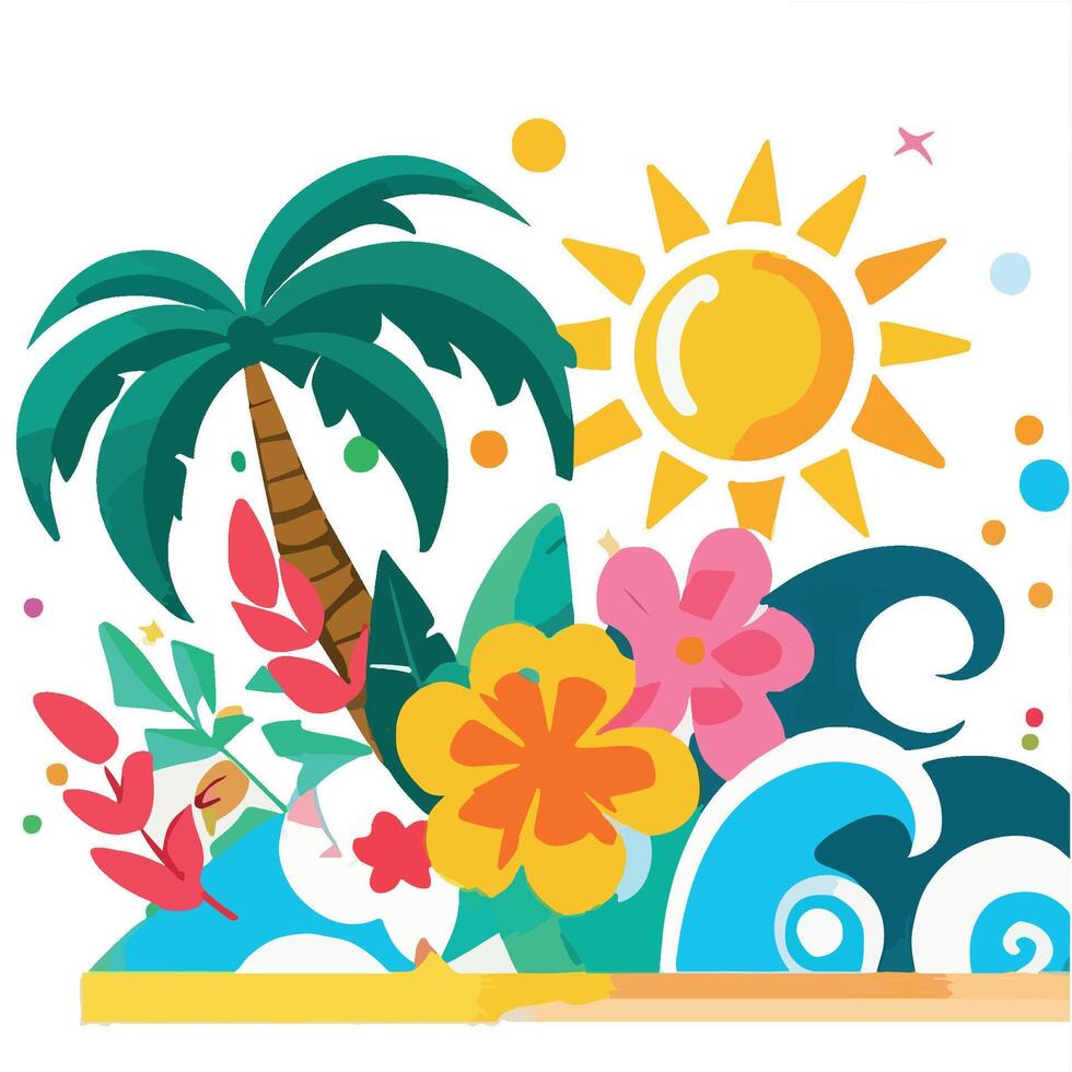 Tropical flowers and palm trees in the ocean vector