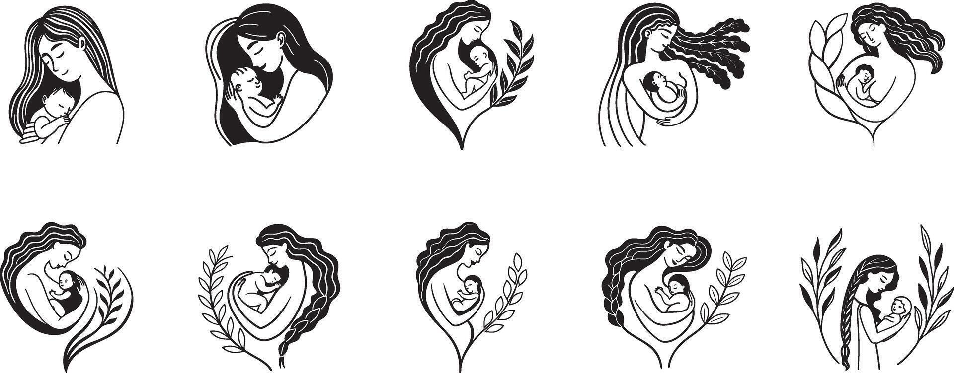 Mother Embracing Baby in Silhouette. vector