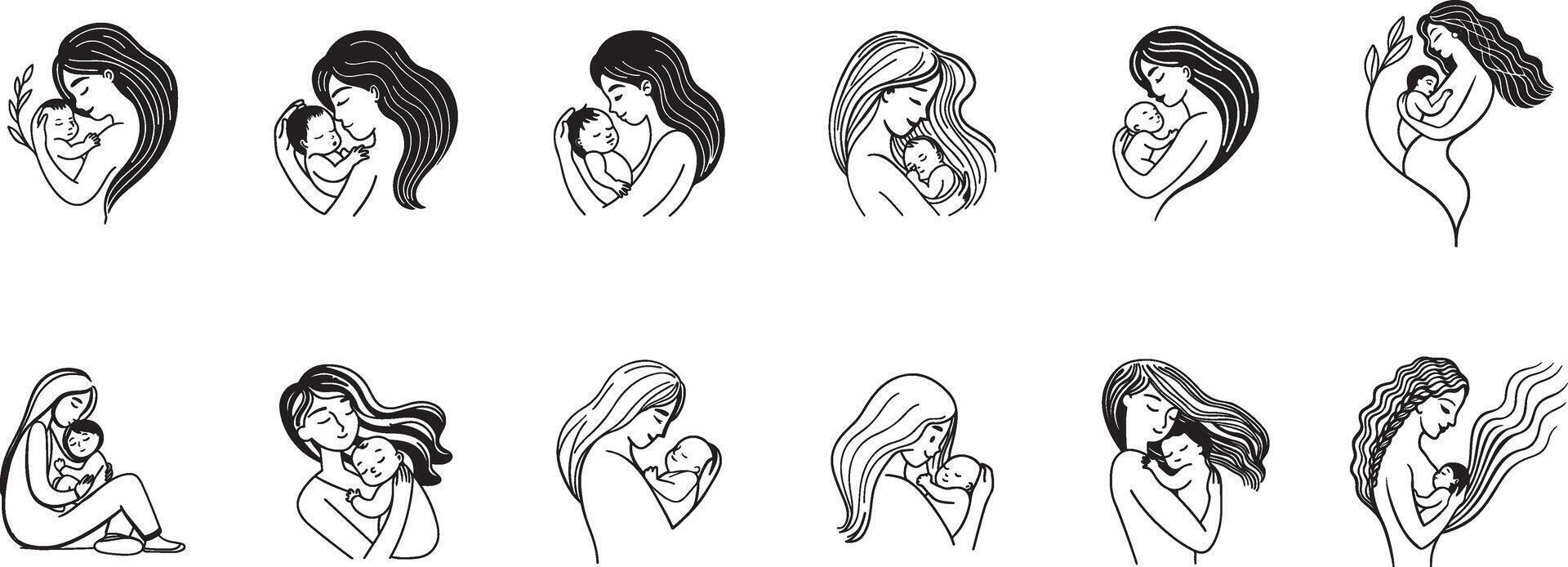 Silhouette Art of Mother and Infant. vector