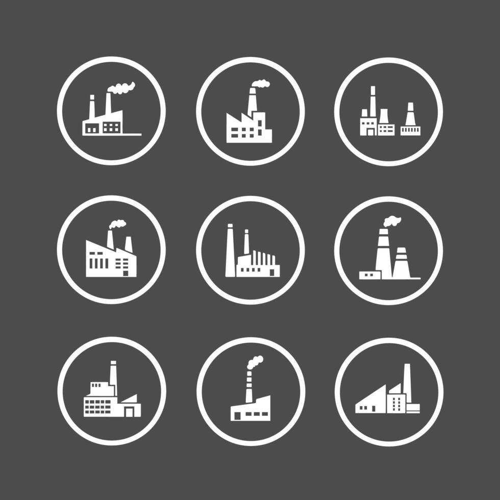 A set of Industrial Factory Icons silhouette on white background for Business and Production vector