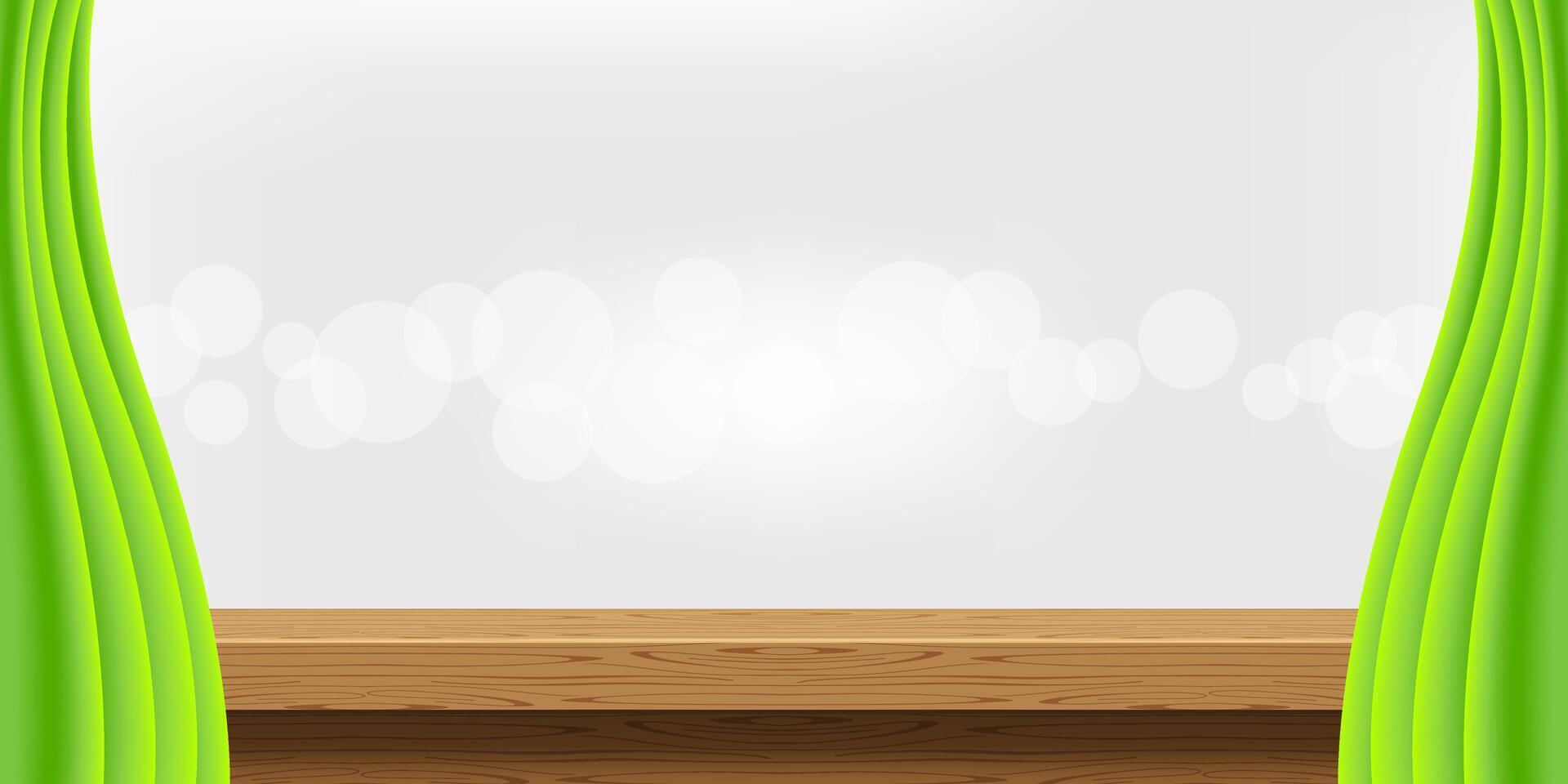 empty wood table and luxury green curtains for advertise product display, wooden top table decoration with curtains, wood plank board space for banner copy space text, tabletop front for banner vector