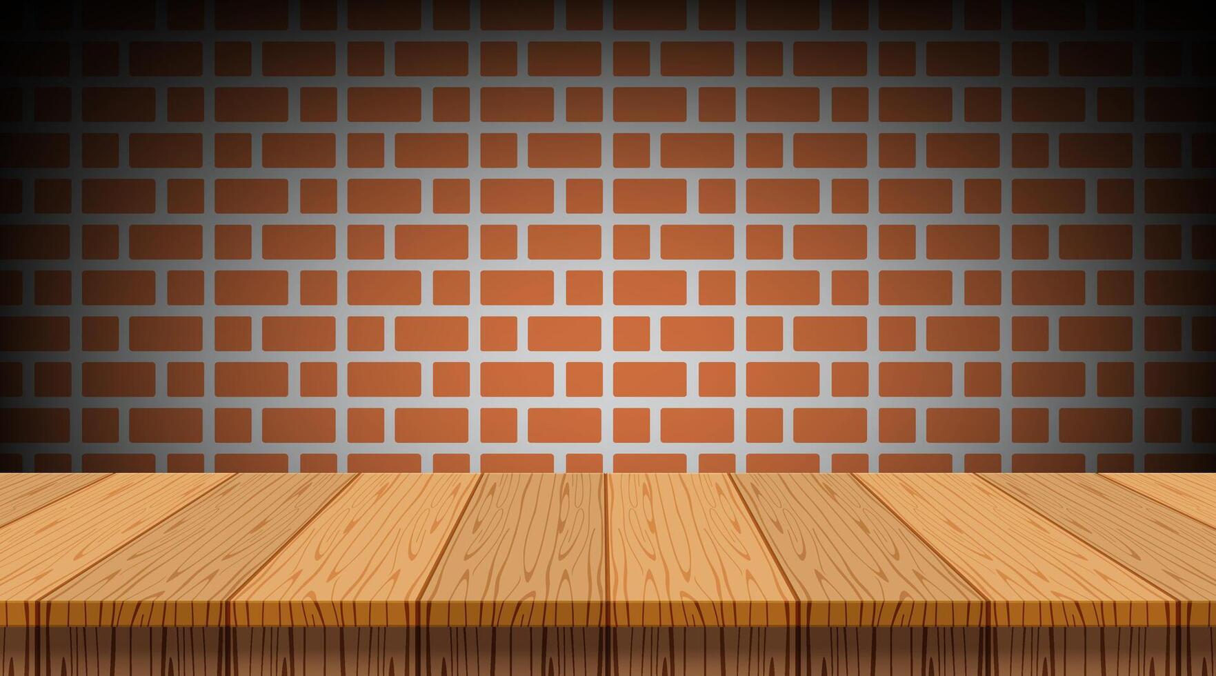 empty wood table, retro wall brick for copy space, counter wood table on rustic wall brick, wooden table for display mockup, wood tabletop desk for shelf place product, wooden plank of kitchen counter vector