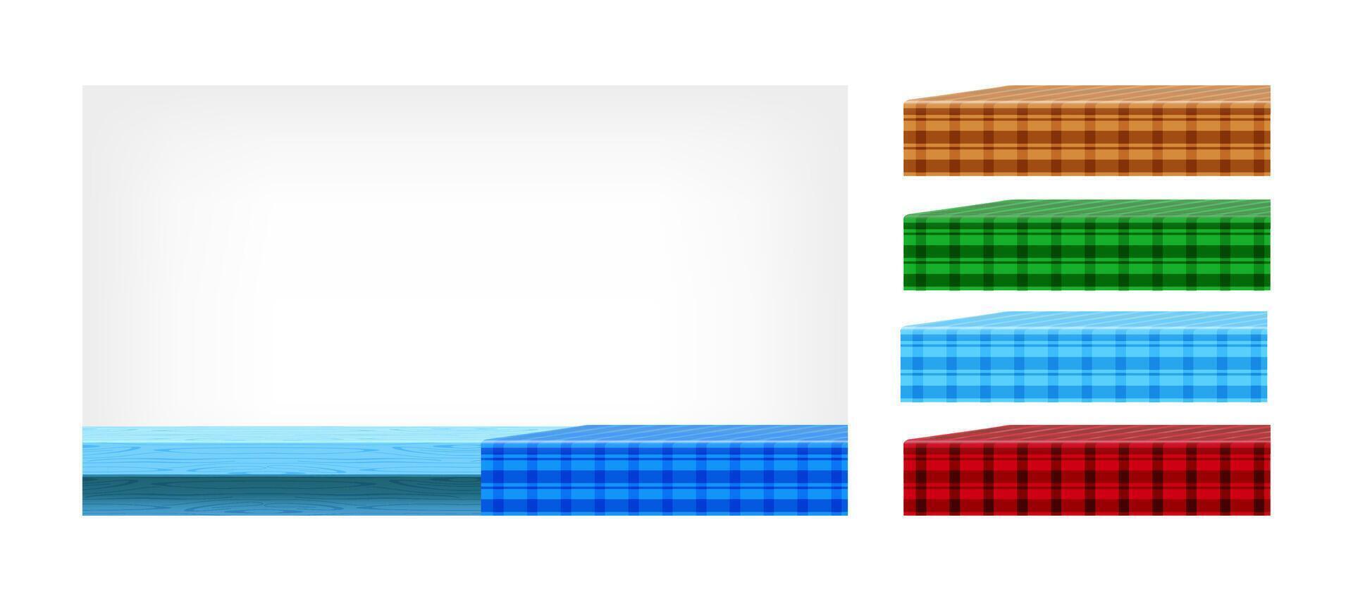 blue wood table and collection tablecloth for design edit, front view copy space, empty plank top and tablecloth, checkered cloth on wood plank for background, tablecloth on tabletop, fabric on table vector