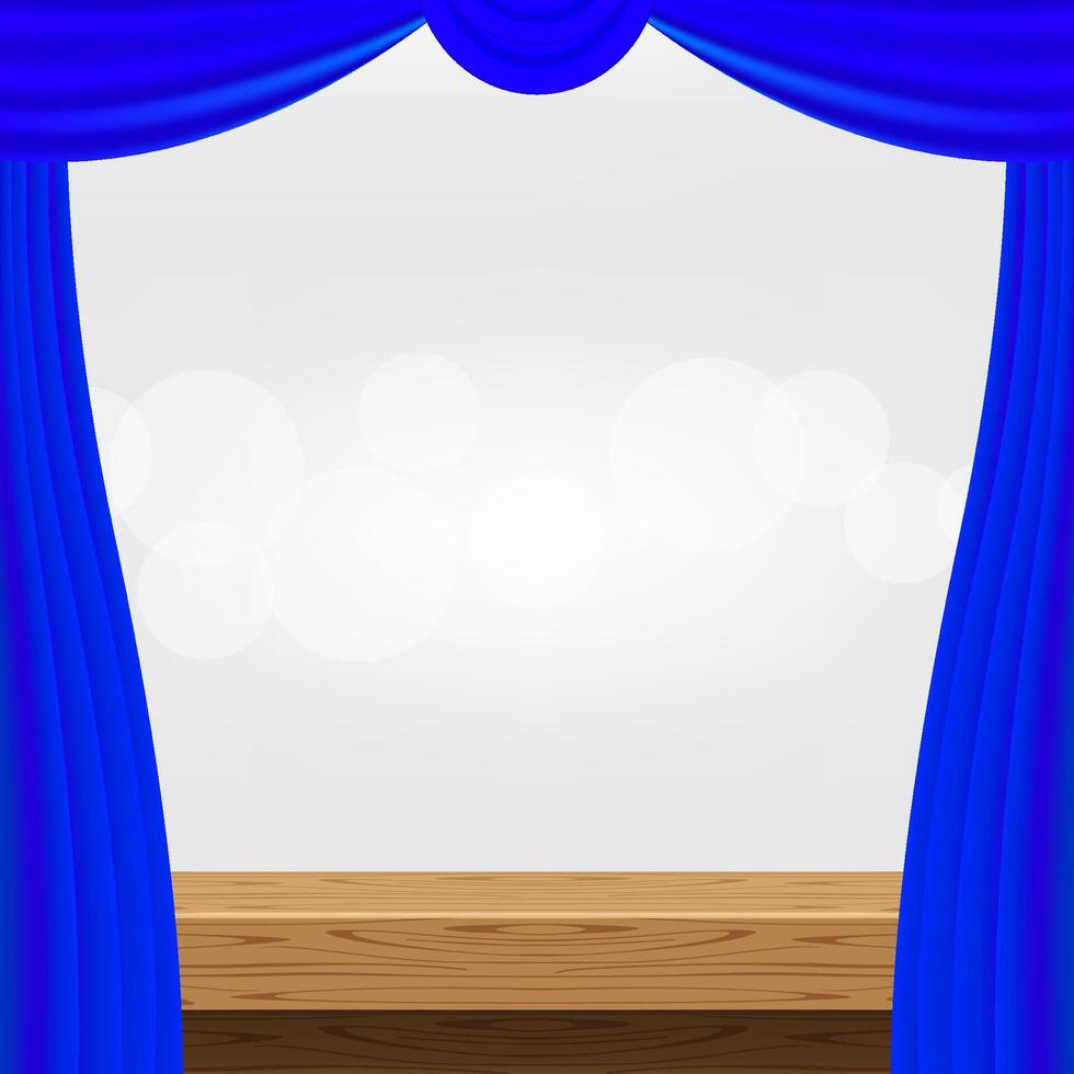 empty wood table and luxury blue curtains for advertise product display, wooden top table decoration with curtain, wood plank board space for banner copy space text, tabletop front view vector