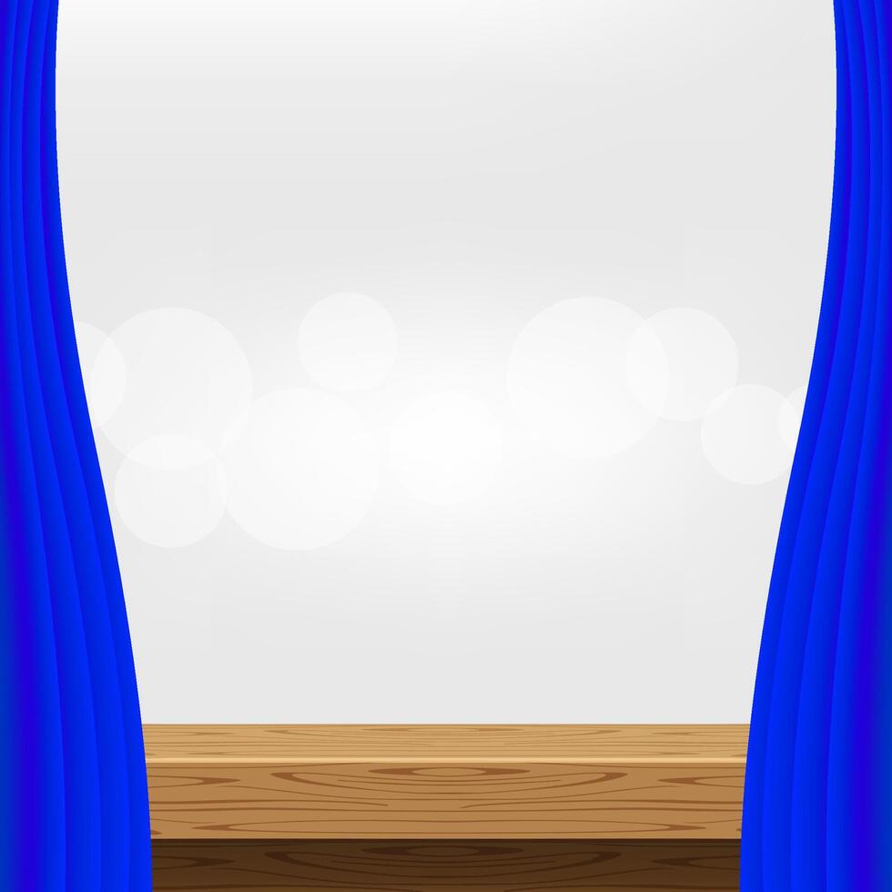 empty wood table and luxury blue curtains for advertise product display, wooden top table decoration with curtain, wood plank board space for banner copy space text, tabletop in front view vector