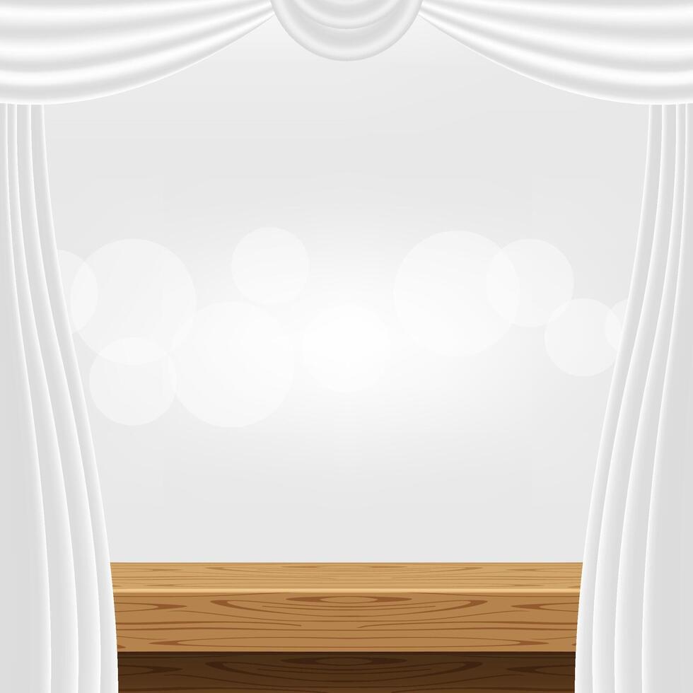 tabletop front view and luxury grey curtain for advertise product display, wooden top table decoration with curtain white, wood plank board space for banner copy space, empty wood table for banner ad vector