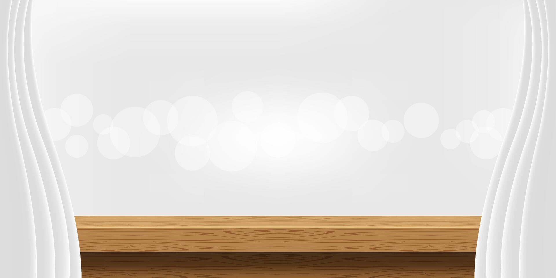 tabletop front view and luxury grey curtains for advertise product display, wooden top table decoration with curtain white, wood plank board space for banner copy space, empty wood table for banner vector