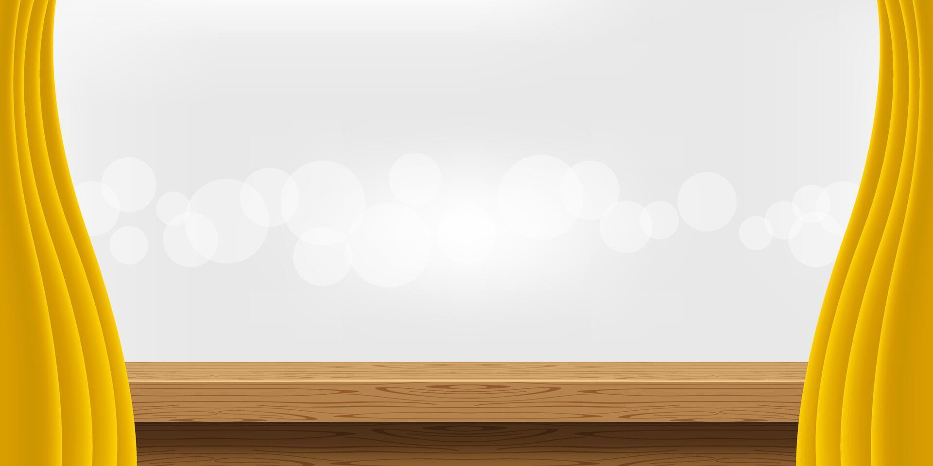 wood table and luxury yellow gold curtains for advertise product display, wooden top table decoration with curtain, wood plank board space for banner copy space text, tabletop front view vector