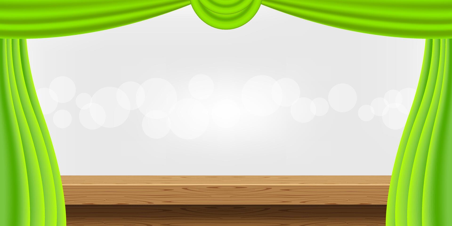 empty wood table and luxury green curtains for advertise product display, wooden top table decoration with curtains, wood plank board space for banner copy space text, tabletop front for banner ad vector
