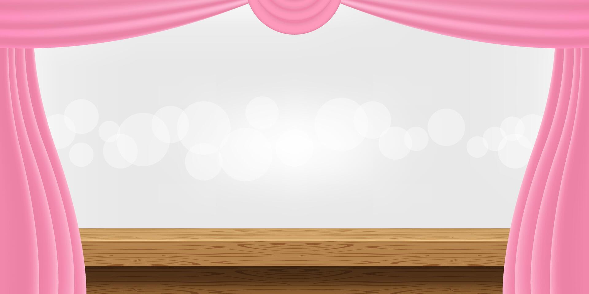 empty wood table and luxury pink curtains for advertise product display, wooden top table decoration with curtain, wood plank board space for banner copy space text, tabletop front view for banner ad vector