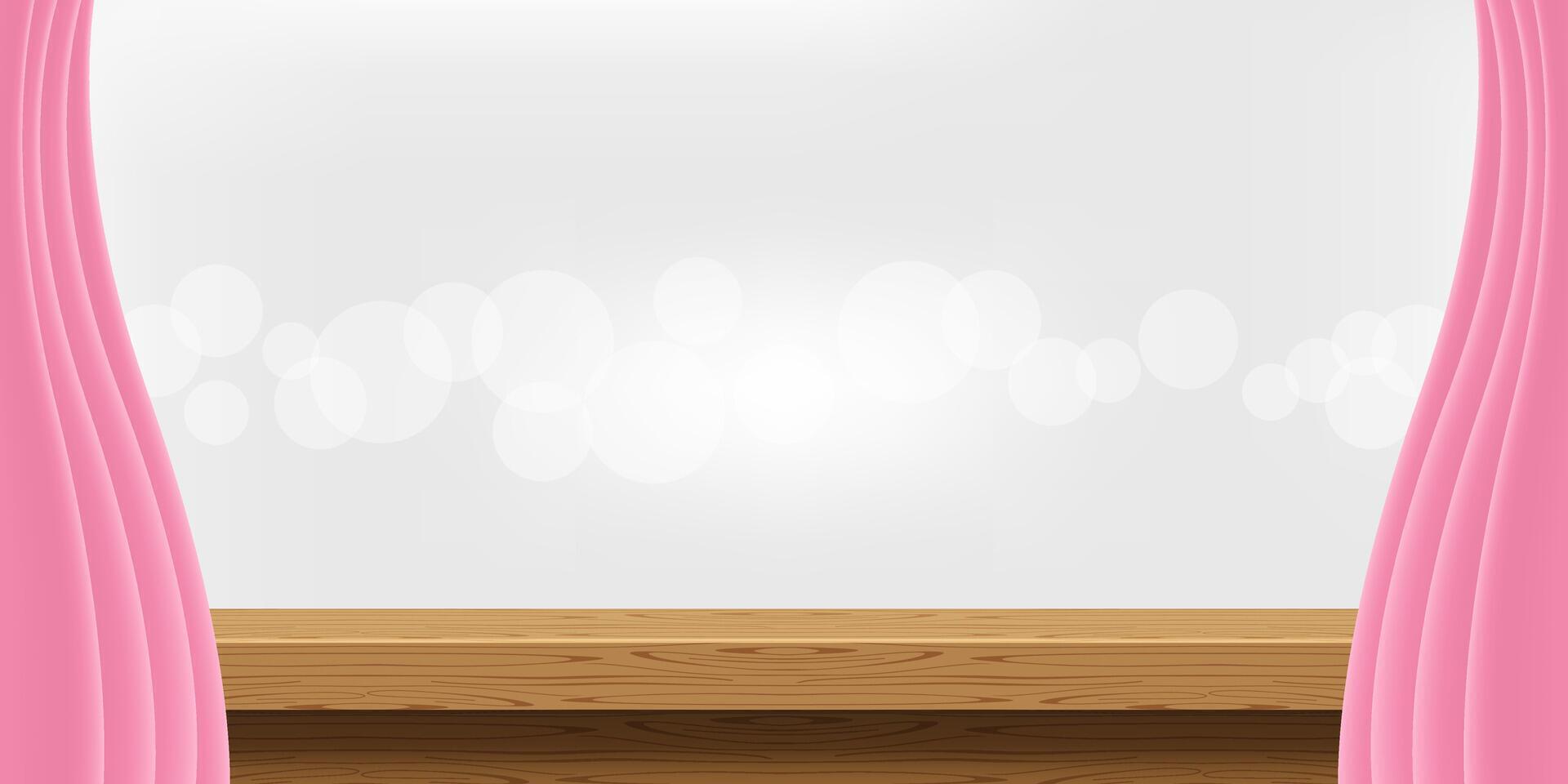empty wood table and luxury pink curtains for advertise product display, wooden top table decoration with curtain, wood plank board space for banner copy space text, tabletop front view vector