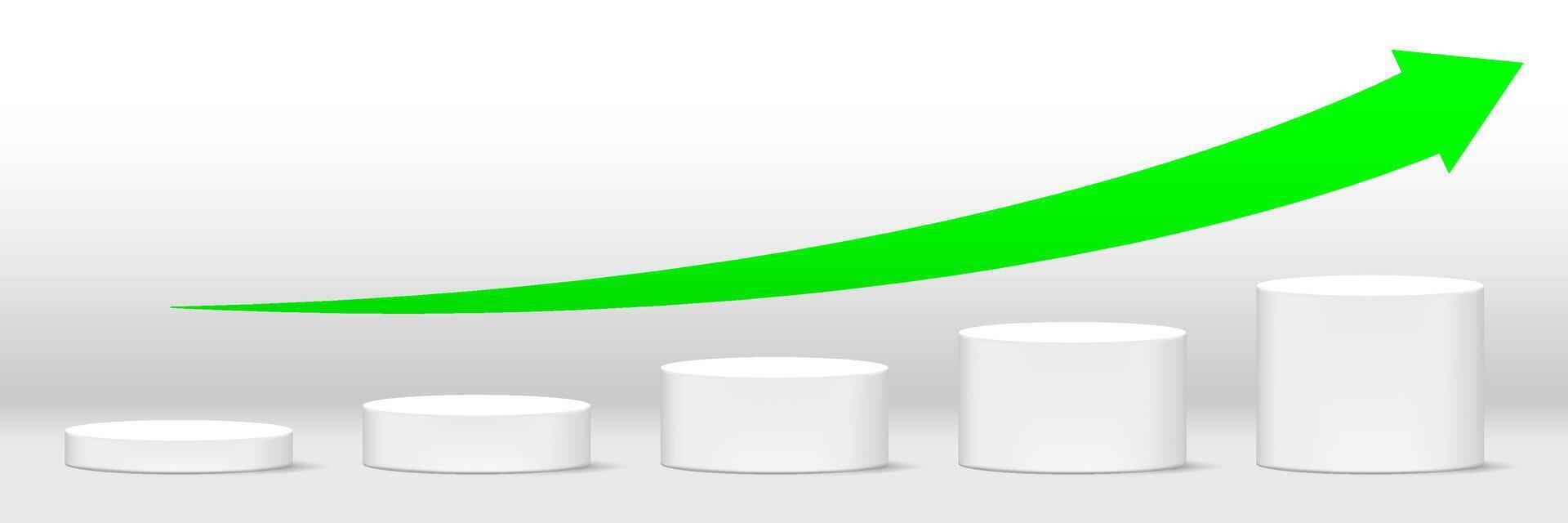 podium for placing product display and arrow green pointing up symbol, cylinder podium stand, business and finance concept, progress growth and success concept, 3D illustration, copy space vector
