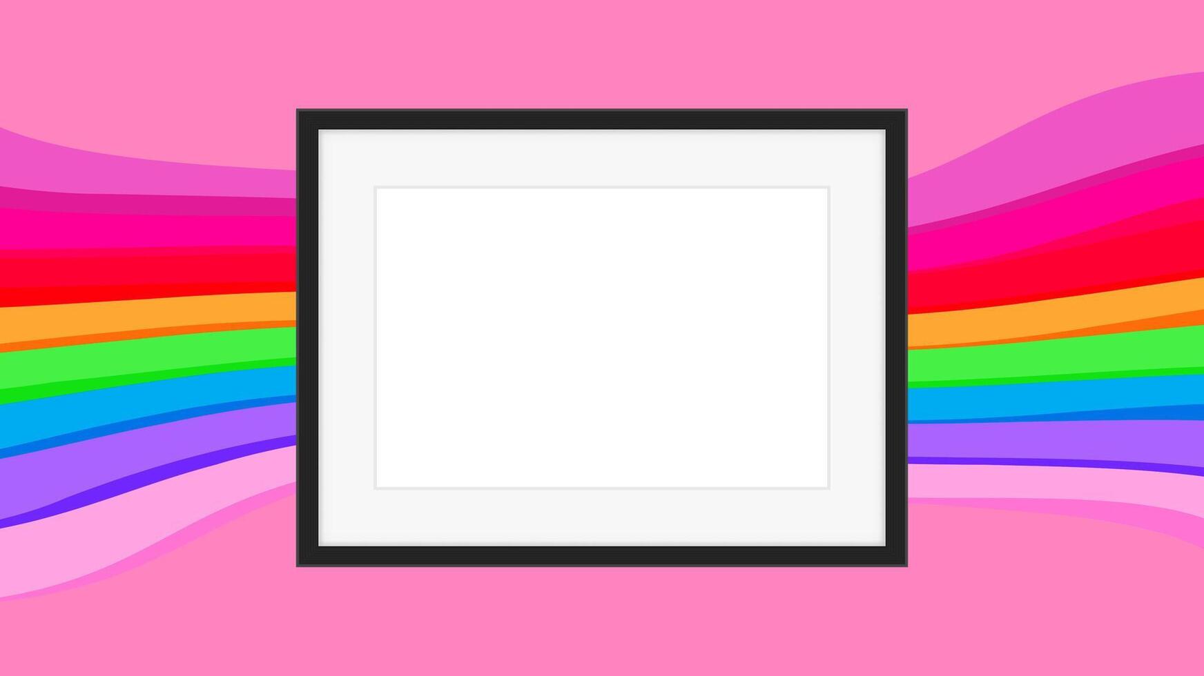 rectangle frame empty on colorful rainbow background, picture frames on colorful fashionable, blank frames decoration with rainbow colorful art backdrop, wooden frame modern, photo frame on pink vector