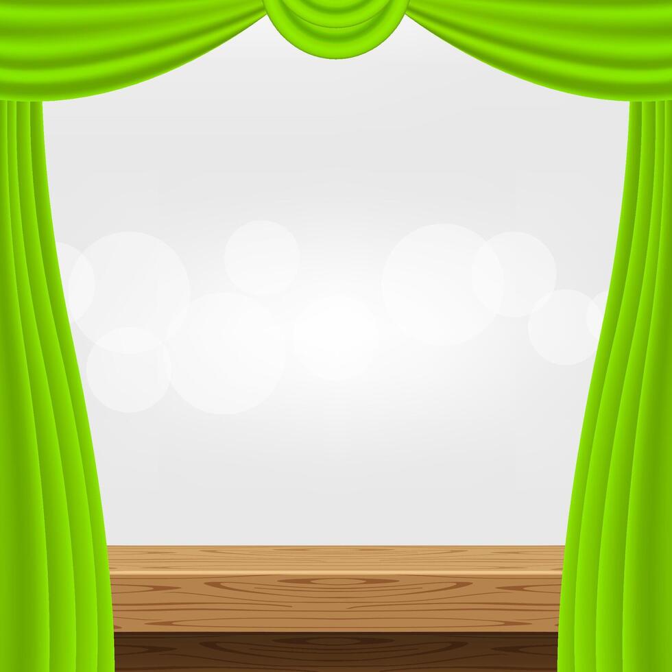 empty wood table and green curtains for advertise product display, wooden top table decoration with curtains, wood plank board space for banner copy space text, tabletop front for banner ad vector