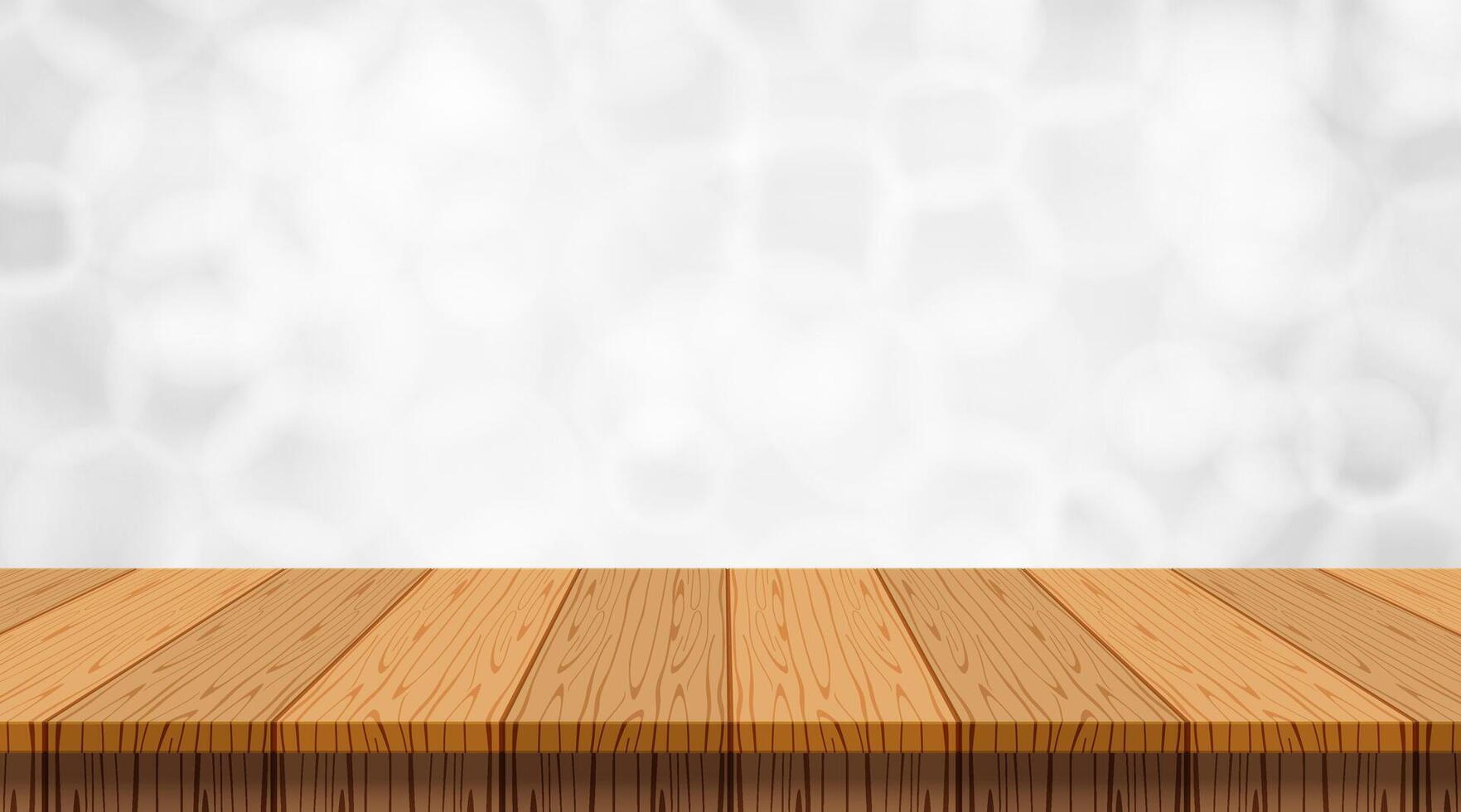 wood plank empty front view on bokeh white grey, copy space background, front of wooden table top blank, vintage wood plank for background, wooden table on silver bokeh, table wood plank front view vector
