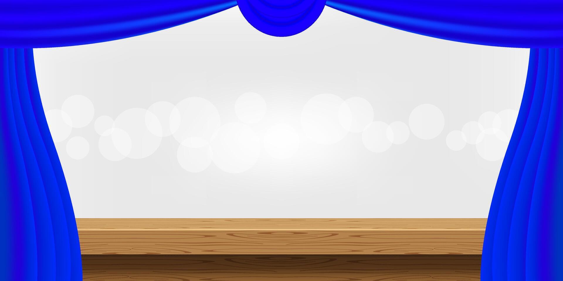 empty wood table and luxury blue curtains for advertise product display, wooden top table decoration with curtain, wood plank board space for banner copy space text, tabletop front view for banner ad vector