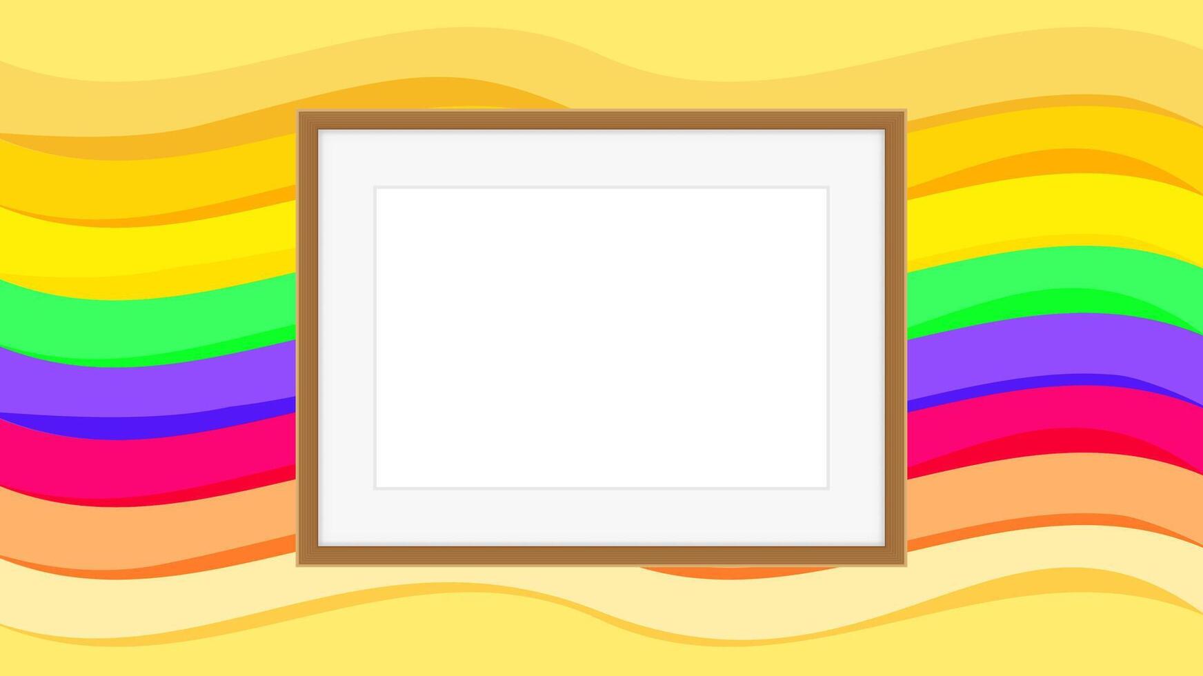 rectangle frame empty on colorful rainbow background, picture frames on colorful fashionable, blank frames decoration with rainbow colorful art backdrop, wooden frame modern vector