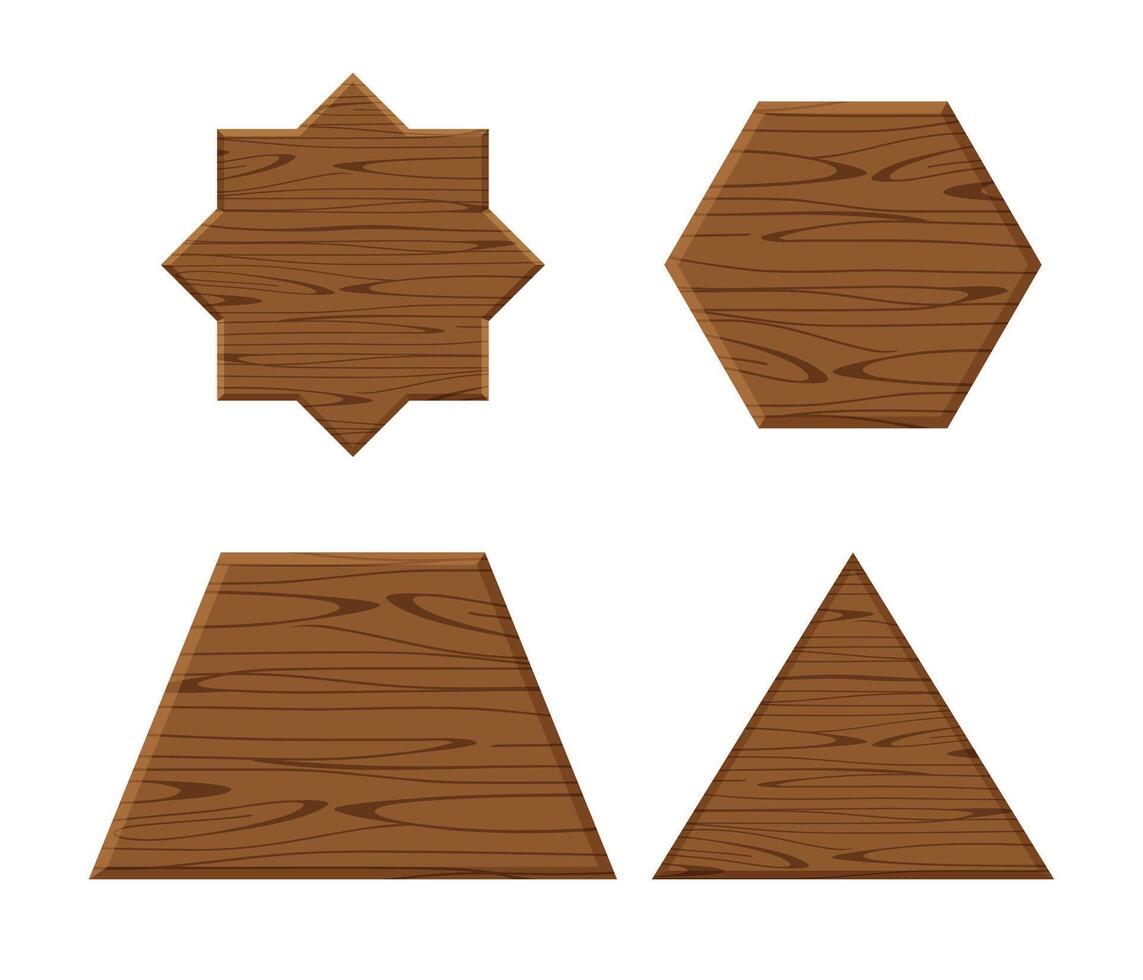 wooden plank different collection isolated on a white, wooden eight pointed star, trapezoid wood shaped plank dark brown, wooden triangular pyramid panel, hexagon wood shape vector