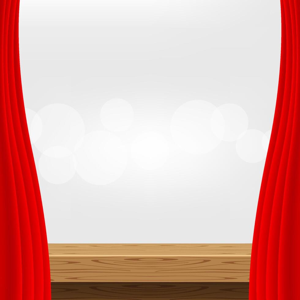 wood table and luxury red curtains for advertise product display, wooden top table decoration with curtain red, wood plank board space for banner copy space text, tabletop front view vector