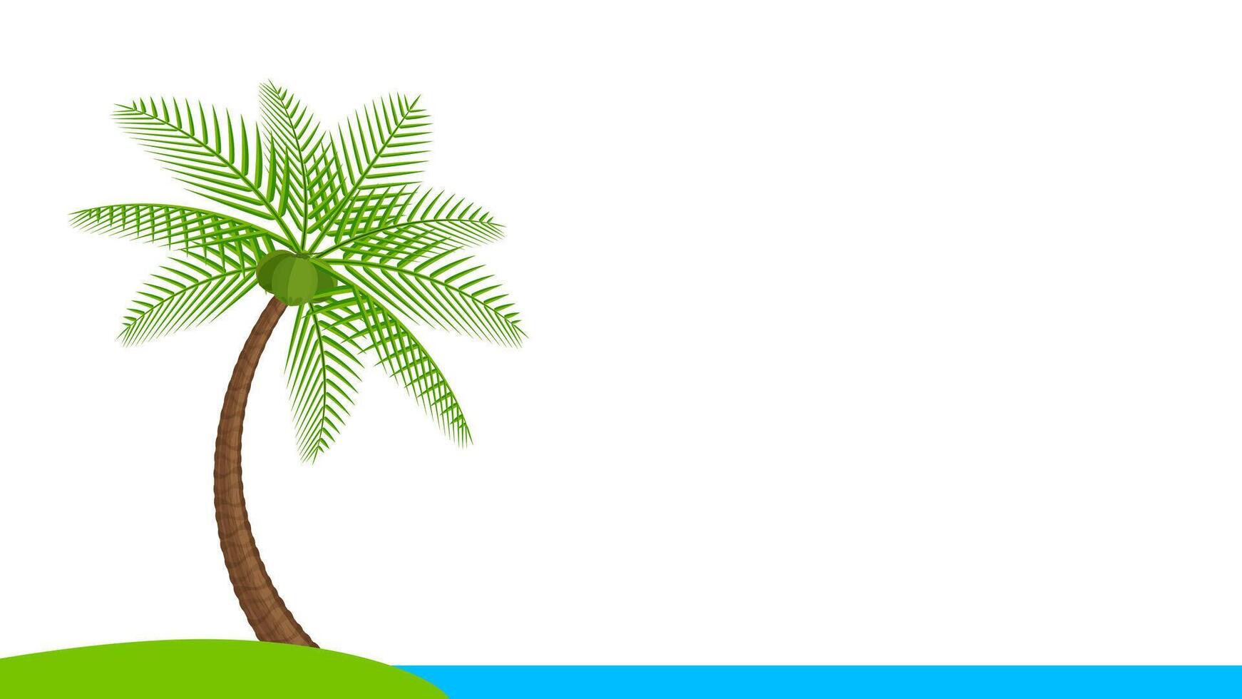 coconut tree simple at seaside coast, illustration coconut palm tree, palm tree on small hill island at seacoast, coconut tree for clip art isolated on white background, copy space vector