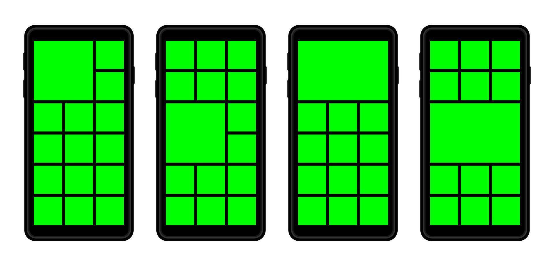 green screen on smartphone for call insert, green screen collage grid template, smartphone screen for layout web application vector