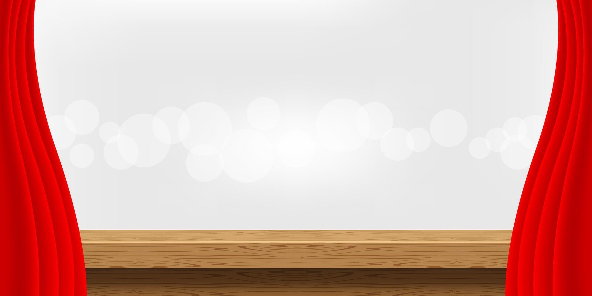 empty wood table and luxury red curtains for advertise product display, wooden top table decoration with curtain red, wood plank board space for banner copy space text, tabletop front view vector
