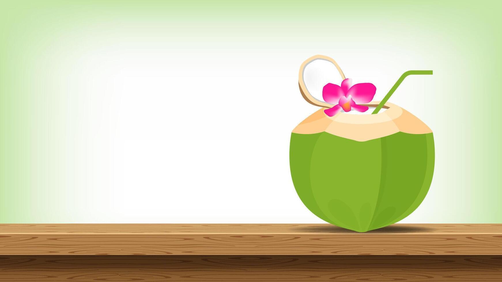 coconut juice fresh with plumeria flower on wood table, coconut green young half cut for healthy menu fruit juice, coconut summer fruit concept, clip art green coconut juicy on wood plank copy space vector