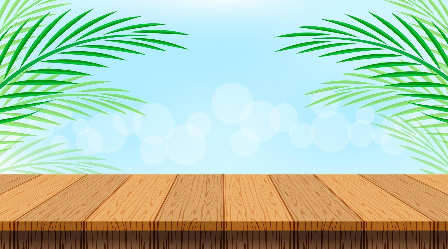 coconut background with leaves and wood table plank, wooden plank empty and coconut palm leaf, wood floor for coconut product display present and copy space, empty table for banner advertising nature vector