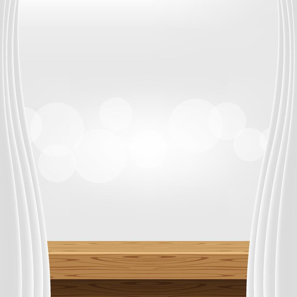 tabletop front view and luxury grey curtain for advertise product display, wooden top table decoration with curtain white, wood plank board space for banner copy space, empty wood table for banner vector