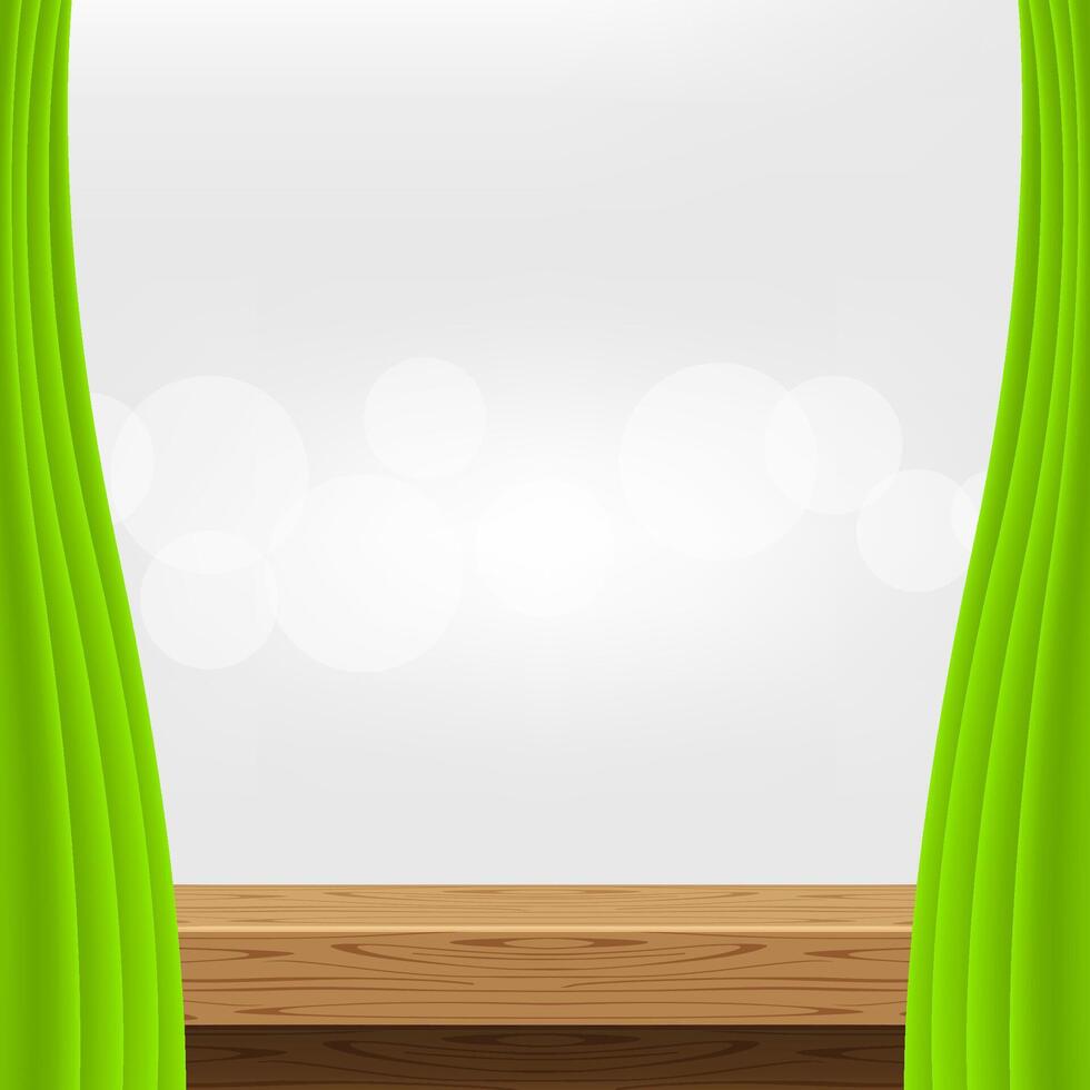 empty wood table and luxury green curtains for advertise product display, wooden top table decoration with curtains, wood plank board space for banner copy space text vector