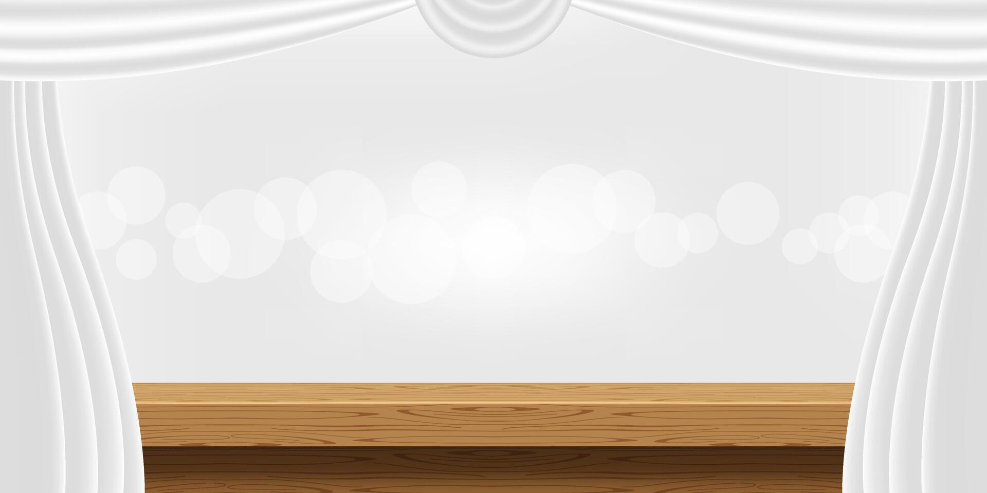 tabletop front view and luxury grey curtains for advertise product display, wooden top table decoration with curtain white, wood plank board space for banner copy space, empty wood table for banner ad vector