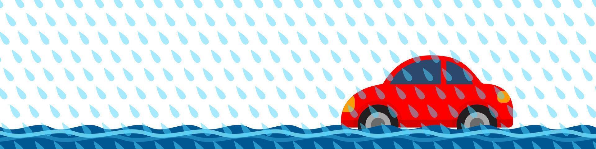 car driving in heavy rain, car flood, car driving in water, flood with red car vector
