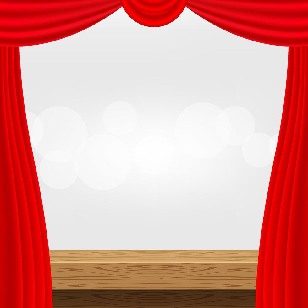 wood table and luxury red curtains for advertise product display, wooden top table decoration with curtain red, wood plank board space for banner copy space text, tabletop front view for banner vector
