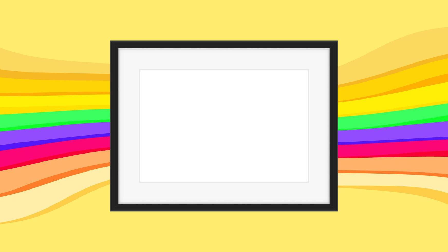 rectangle frame empty on colorful rainbow background, picture frames on colorful fashionable, blank frames decoration with rainbow colorful art backdrop, wooden frame modern, photo frame on yellow vector