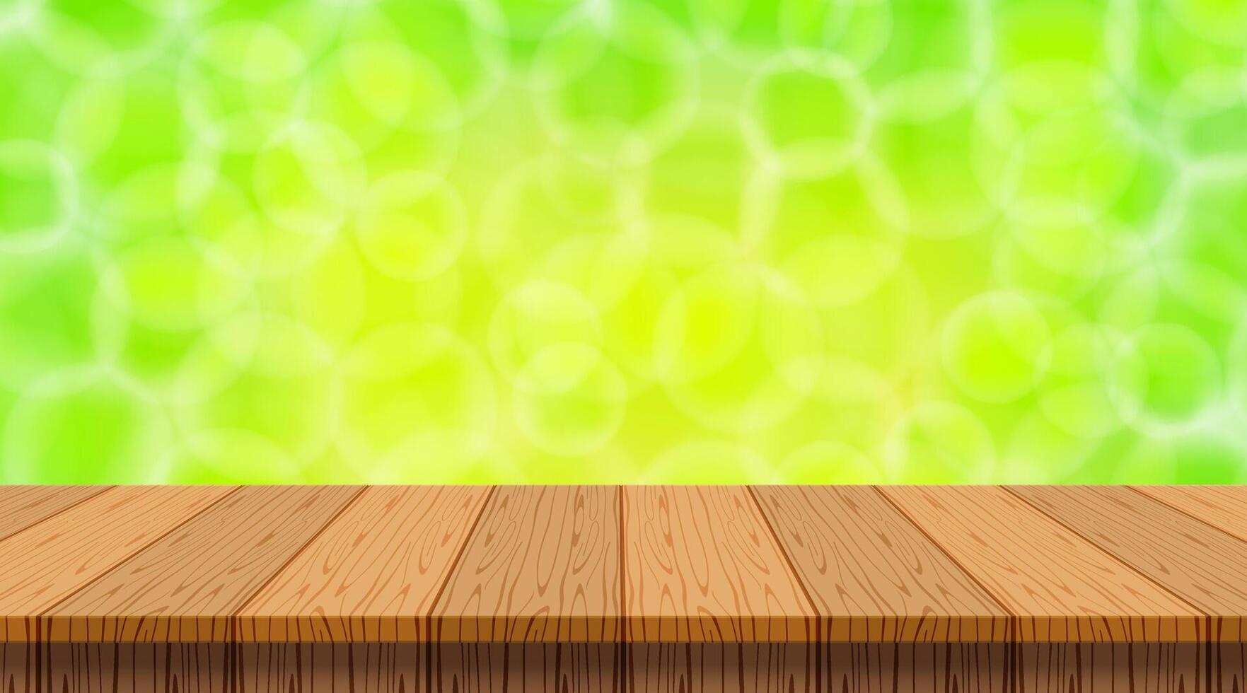 wood plank empty on green bokeh for background, empty wood table for product display on nature bokeh green bright, wooden plank for copy space text summer concept, table wood board vector