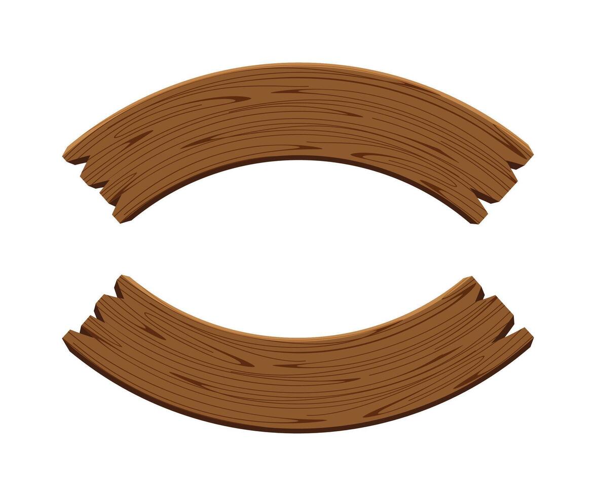 curved wooden planks isolated on white, wood plank curve for signs and copy space, wooden signs curve shape, empty wood plank brown for message text vector