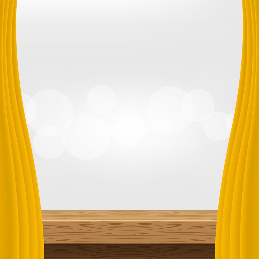 wood table and luxury yellow gold curtain for advertise product display, wooden top table decoration with curtain, wood plank board space for banner copy space text, tabletop front view for banner ad vector